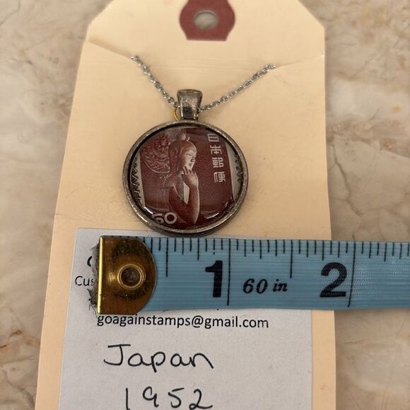 1952 Japan Stamp Pendant Necklace NWOT 22” Chain - Picture 5 of 5